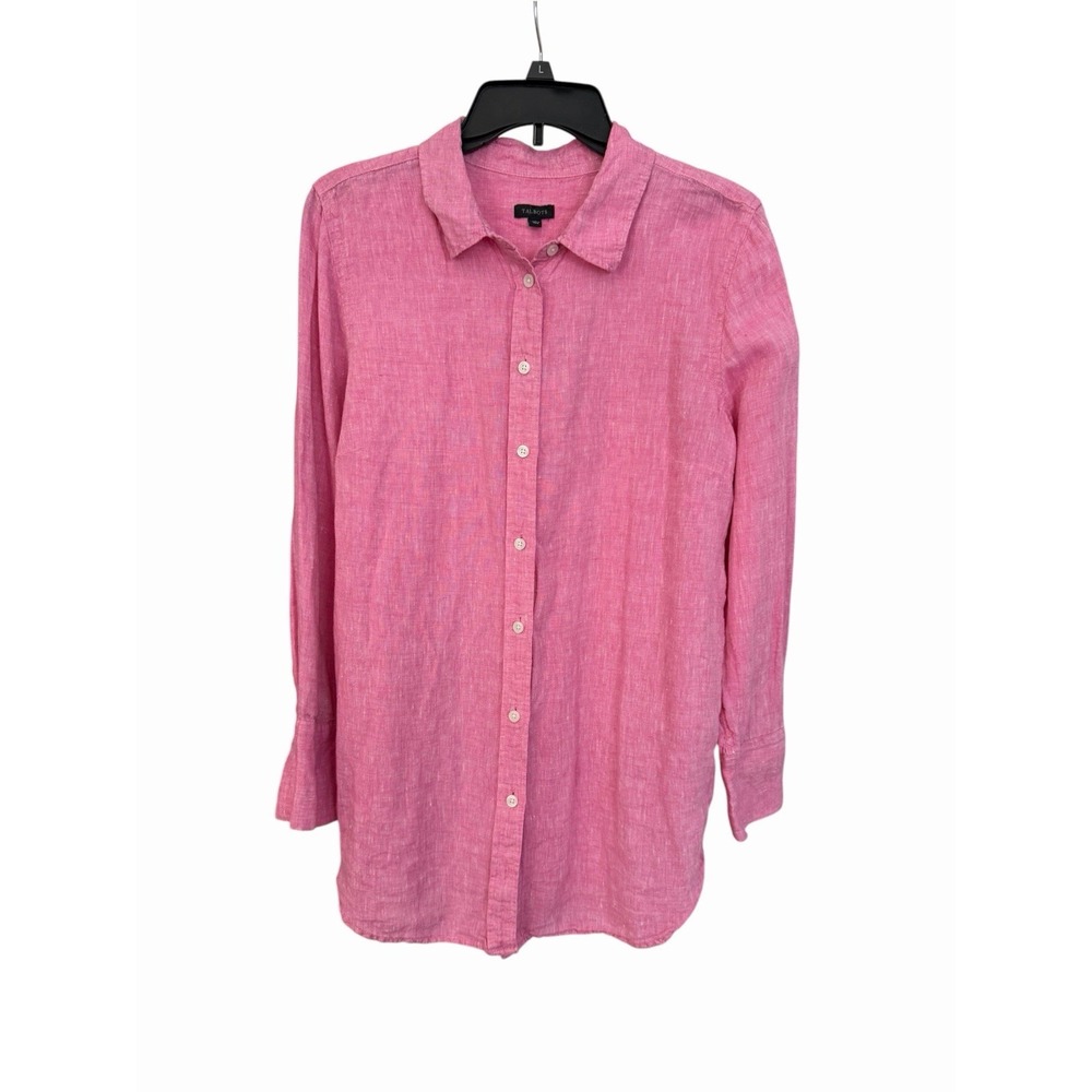 Talbots 100% Linen Wmn's Large Pink Long Sleeve Button Up Blouse Shirt Qqq9-1